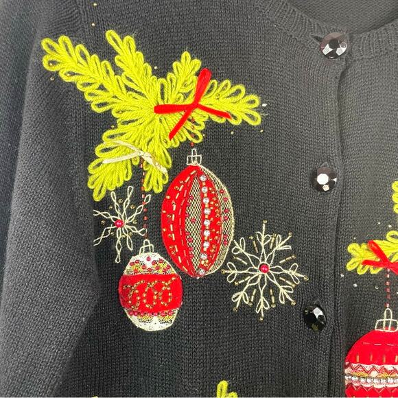 Holiday Black Sweater Festive Ornaments Christmas Sweater Vintage Large - Picture 3 of 8